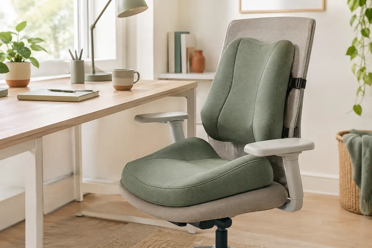 Chaise de bureau vide équipée d’un coussin d’assise et d’un soutien lombaire assortis