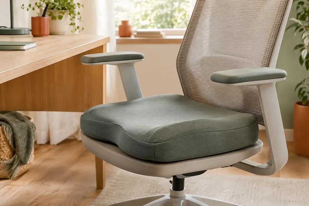 Coussin d’assise posé sur une chaise de bureau, avec le dossier et les accoudoirs visibles