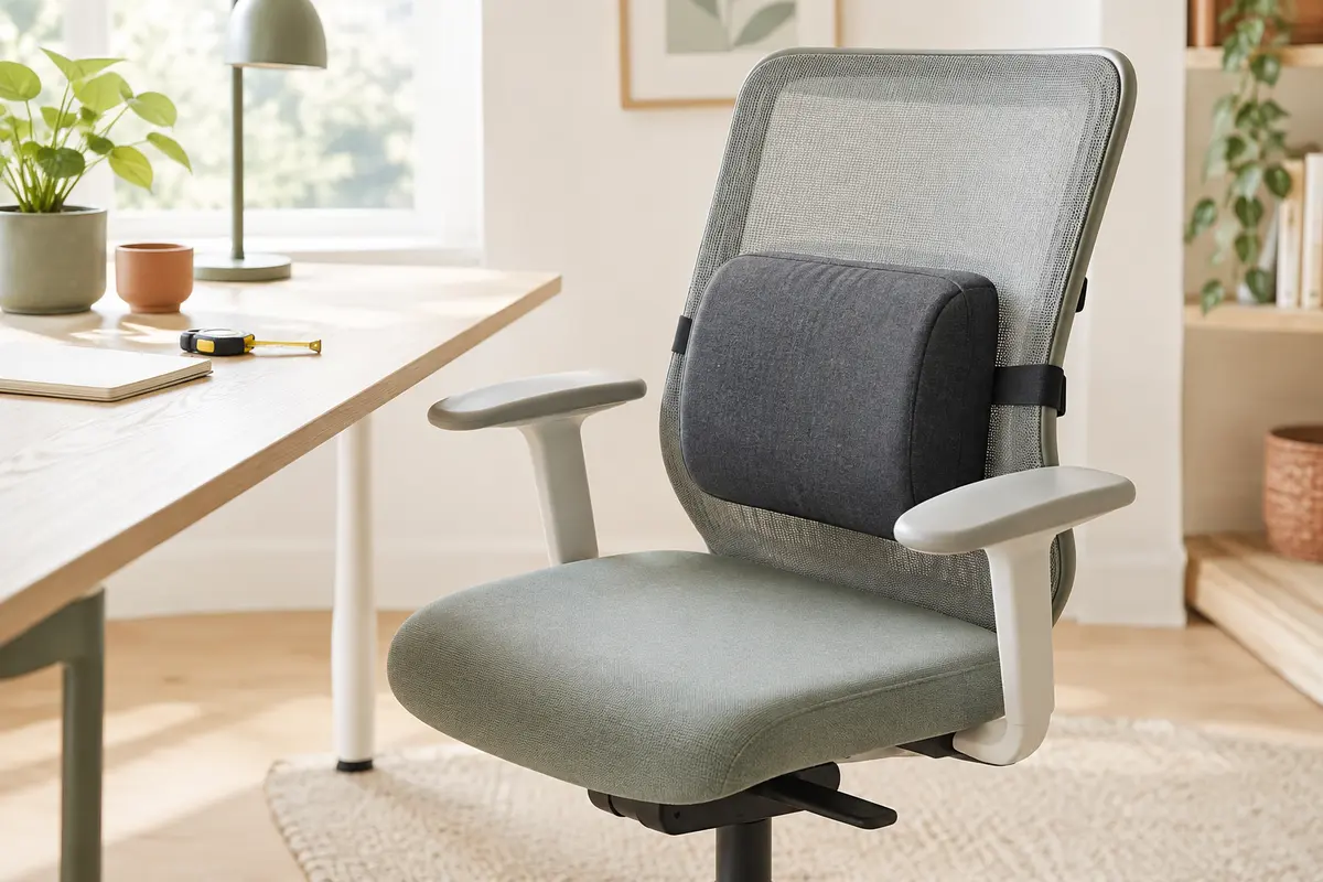Coussin lombaire fixé sur le dossier en maille d’une chaise de bureau, près d’un mètre ruban.