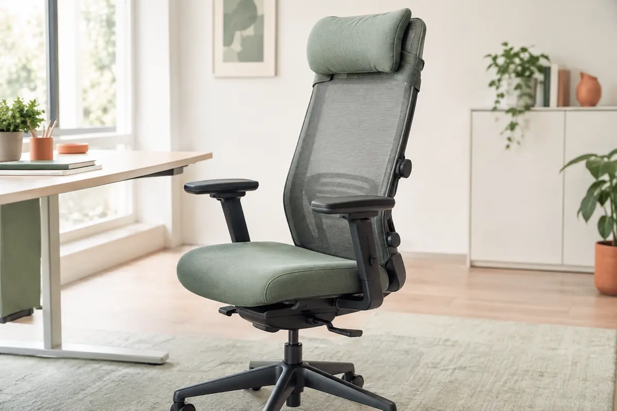 Coussin de nuque fixé au dossier réglable d’une chaise de bureau, avec ses sangles et commandes visibles