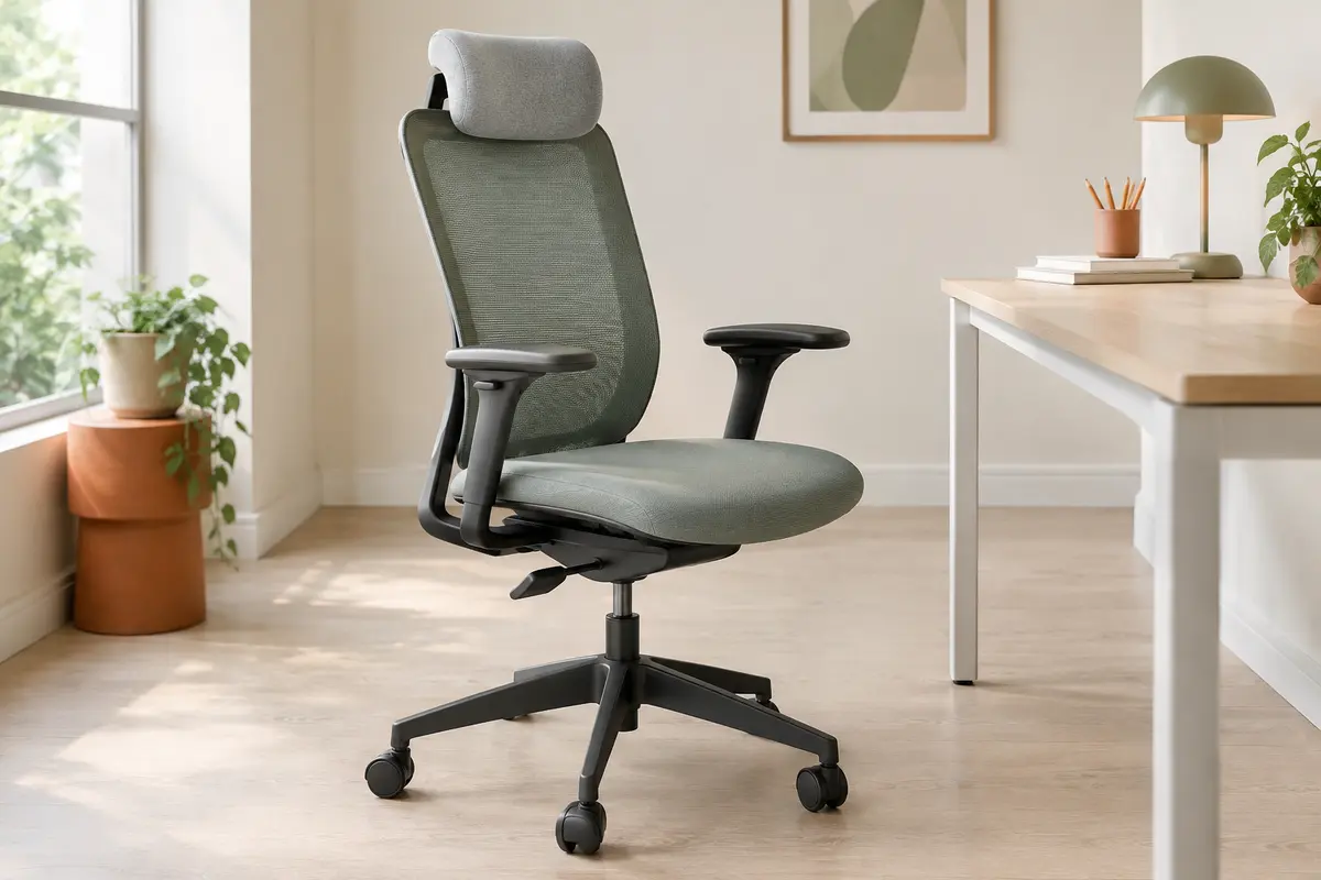 Chaise de bureau à dossier en maille vert sauge avec un coussin d’appui-tête gris clair fixé en haut du dossier, seule dans un bureau lumineux