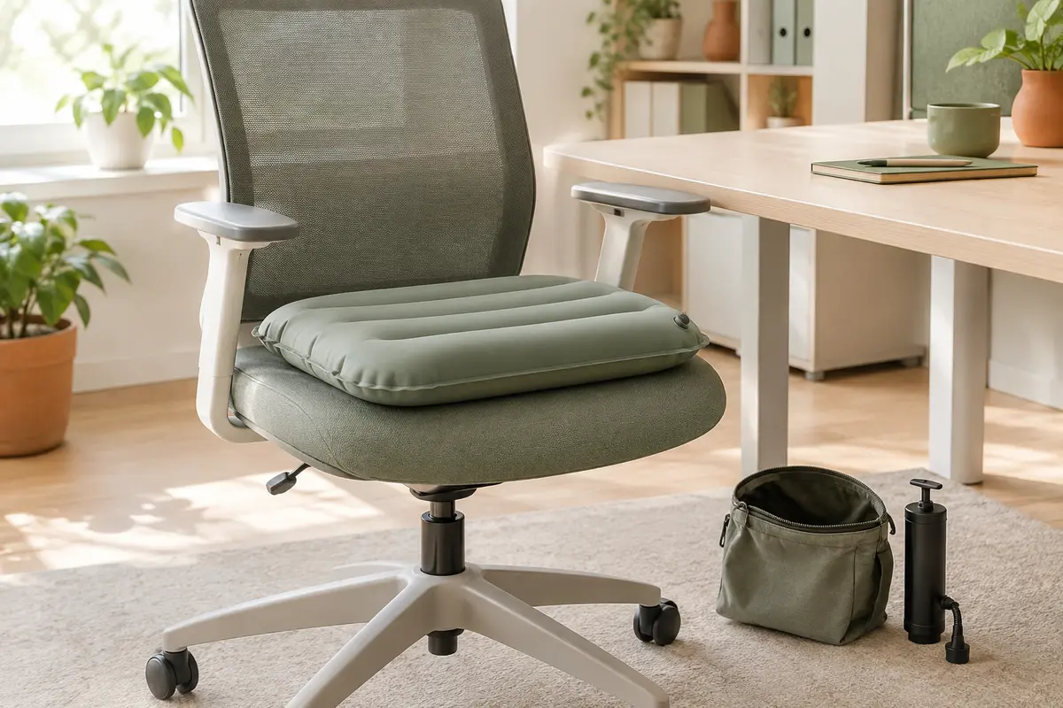 Coussin d’assise gonflable posé sur une chaise de bureau avec son sac de rangement à proximité