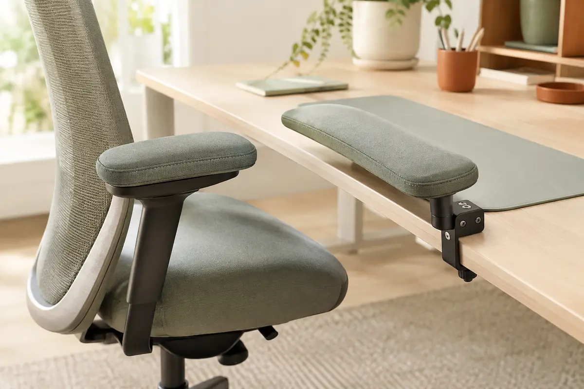 Coussinet posé sur un accoudoir de chaise et coussin de repose-bras distinct placé sur le bureau