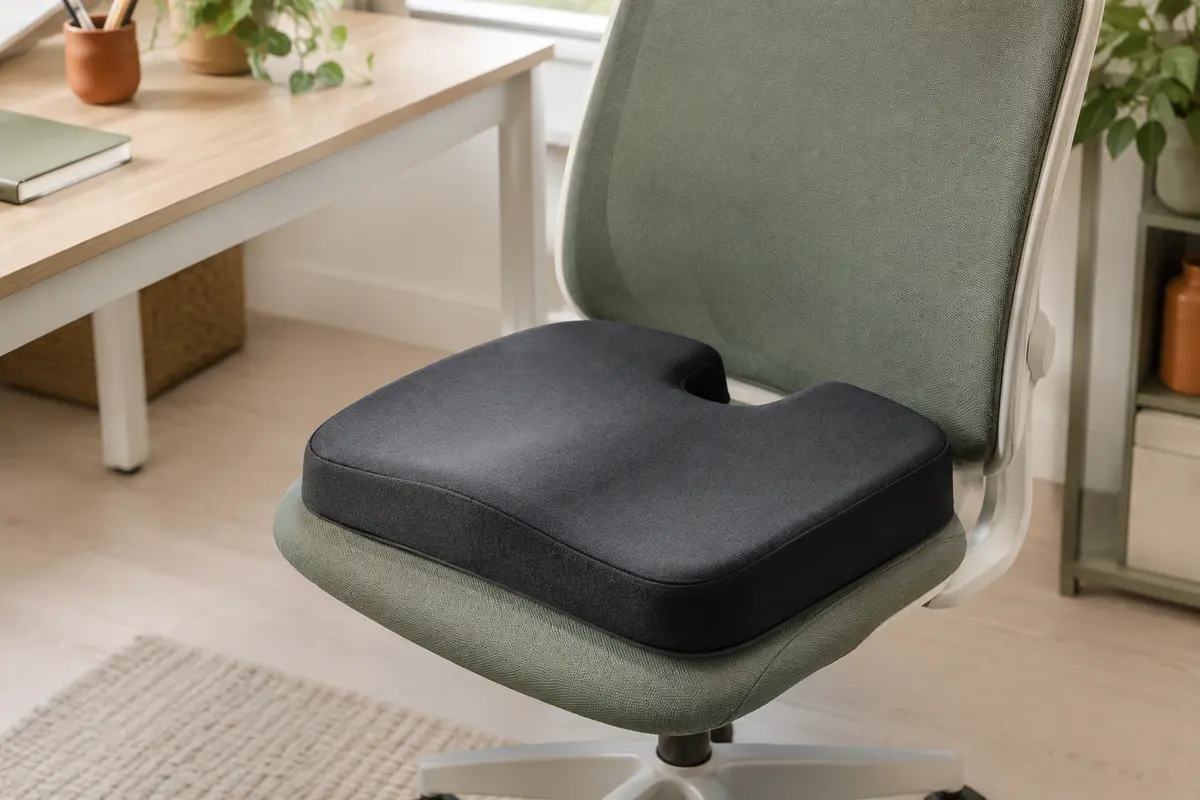 Coussin d’assise en mousse avec une découpe en U posé sur une chaise de bureau vide.
