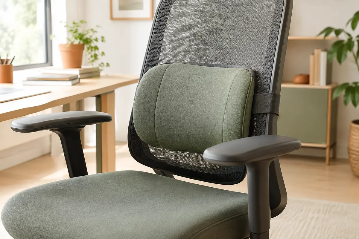 Coussin lombaire fixé au dossier en maille d’une chaise de bureau, avec sa sangle visible