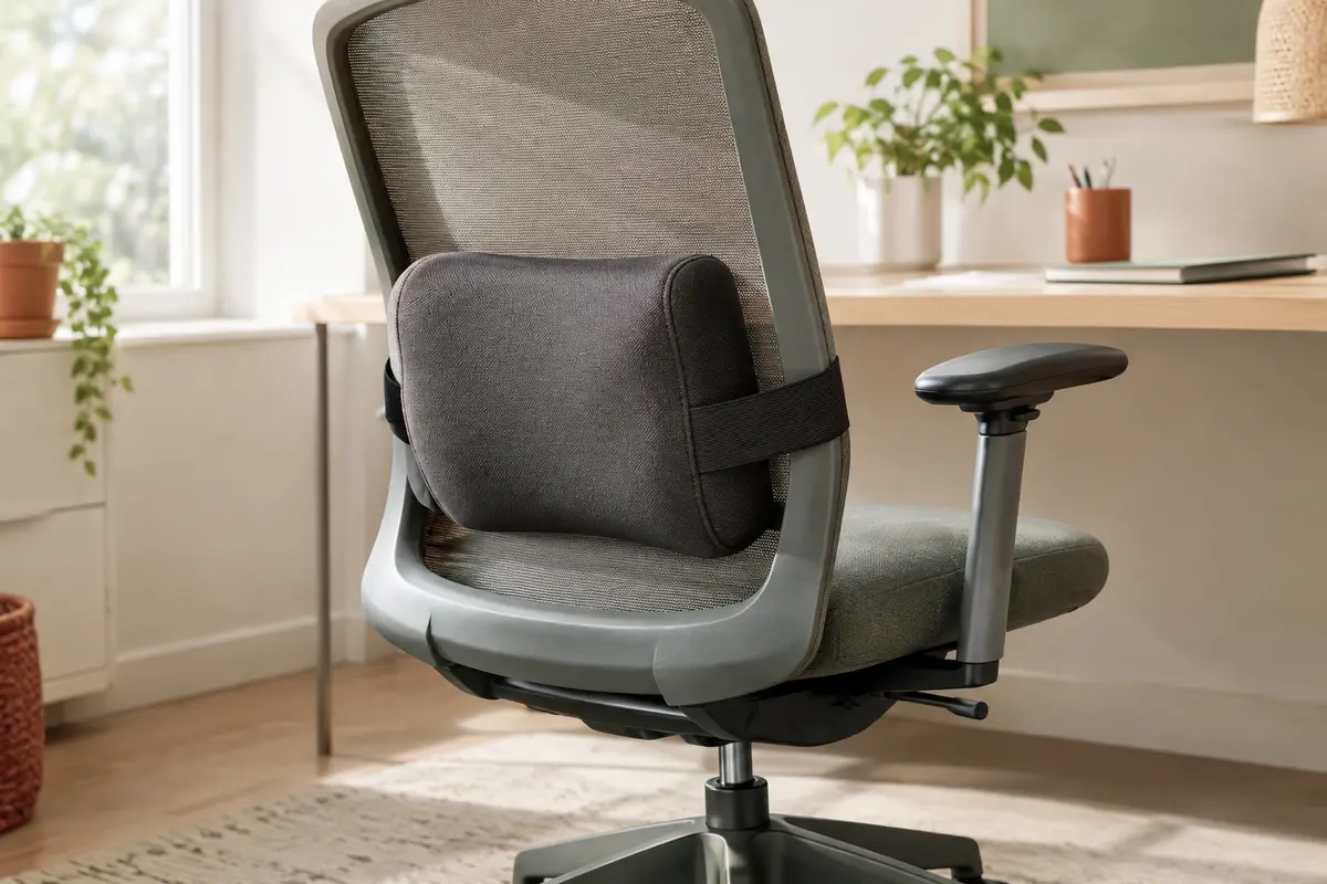Chaise de bureau vide avec un coussin lombaire fixé au centre du dossier, à hauteur du bas du dos.
