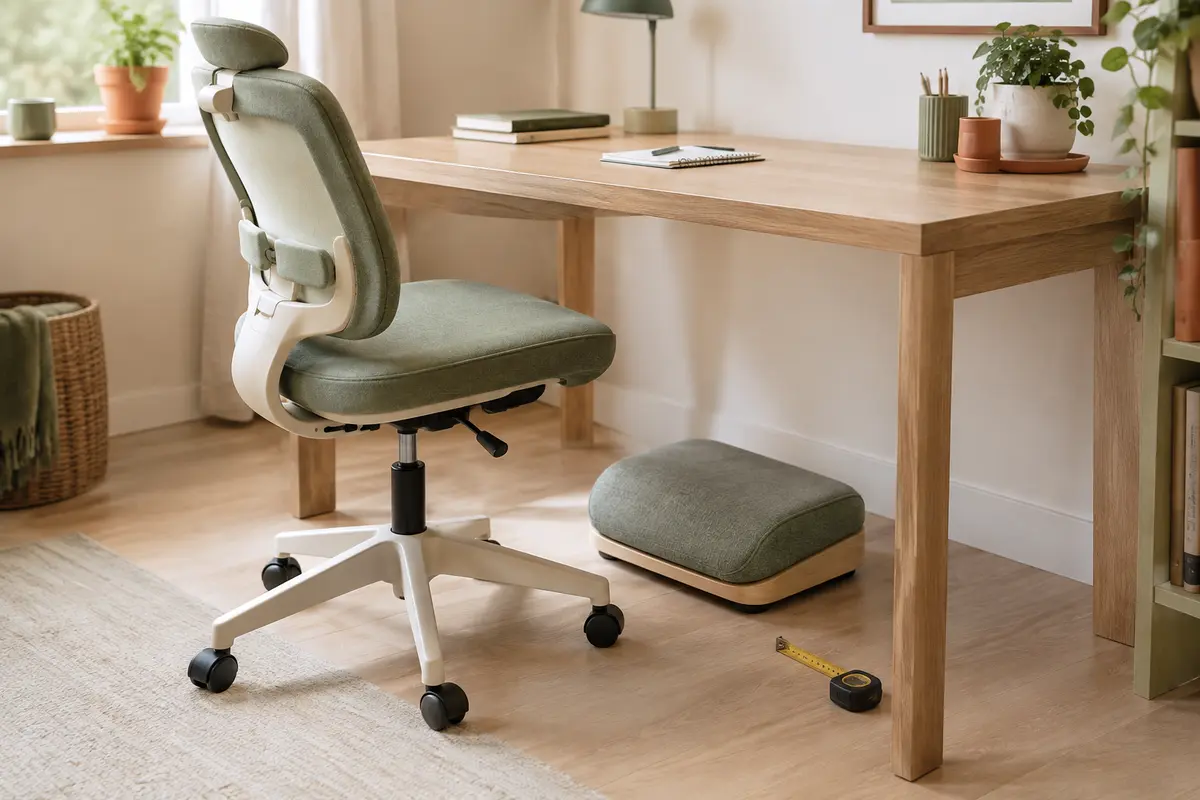 Repose-pieds rembourré placé devant une chaise de bureau sous un plateau en bois