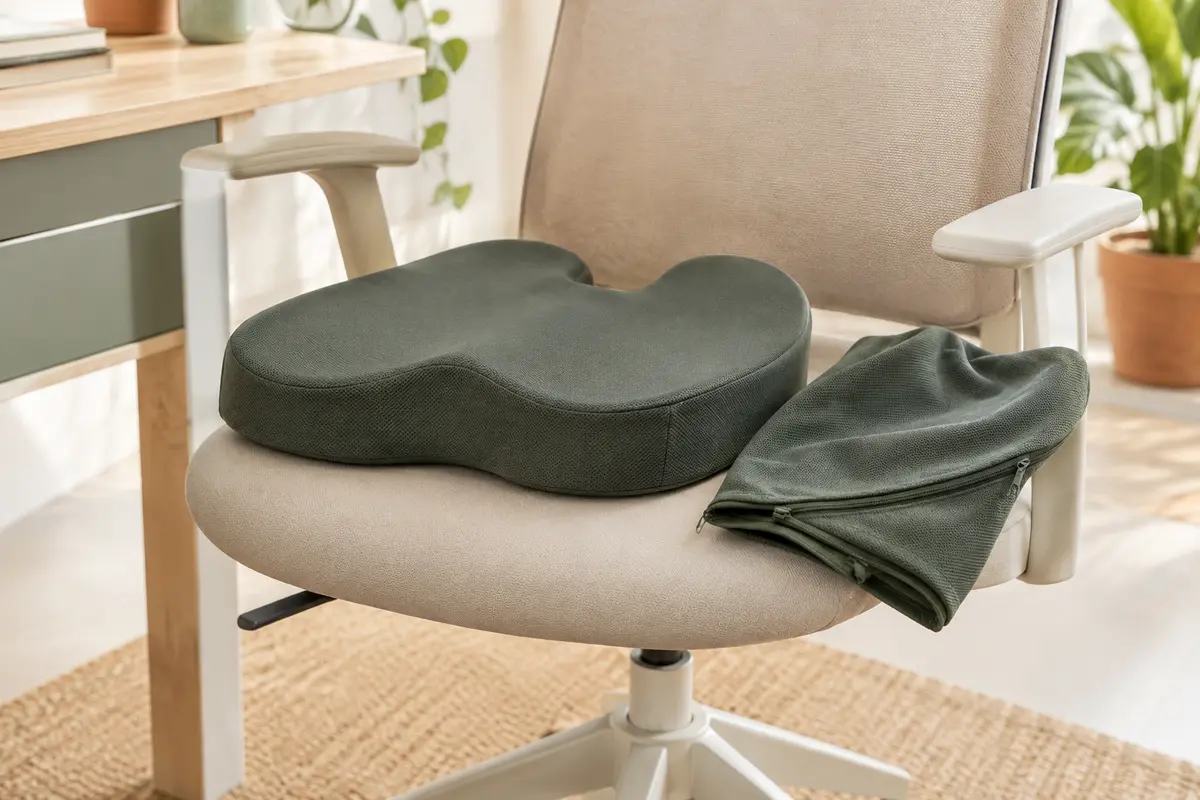 Coussin ergonomique de bureau avec housse amovible pliée à côté, fermeture visible