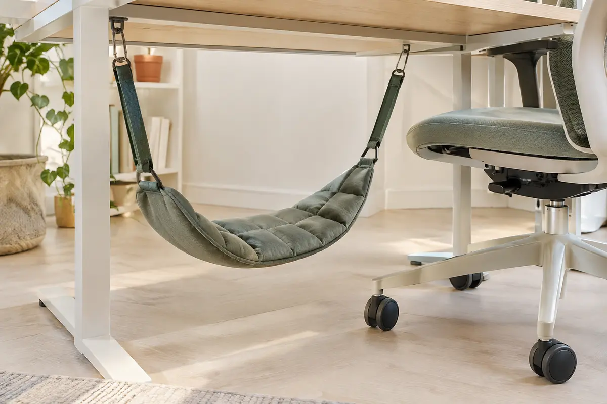 Hamac repose-pieds rembourré suspendu sous un bureau, à distance des roulettes et du piètement.