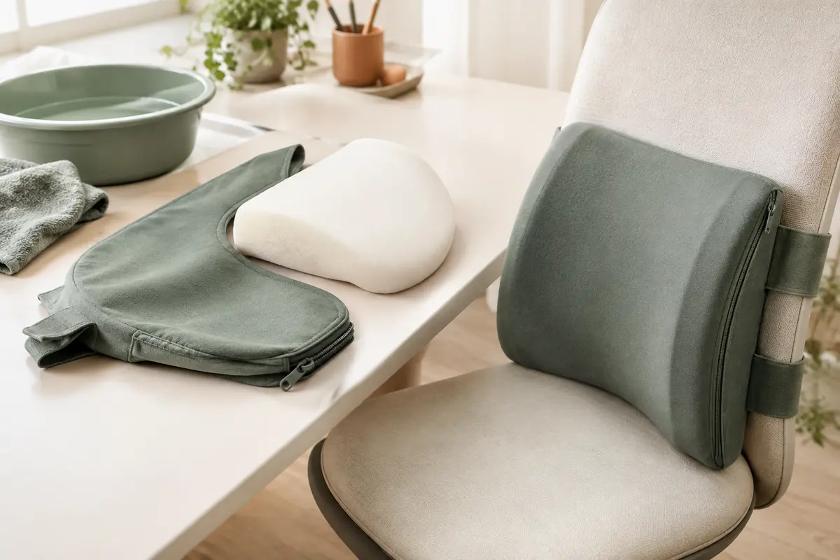Housse de coussin lombaire séparée de son rembourrage, avec fermeture et bandes de fixation visibles