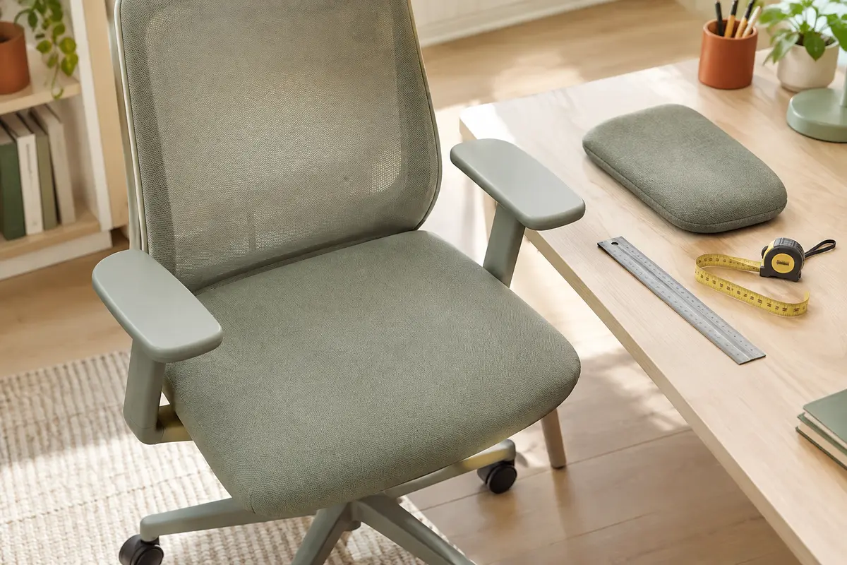 Mesure de la largeur et de la longueur d’un accoudoir de chaise de bureau avant le choix d’un coussinet.
