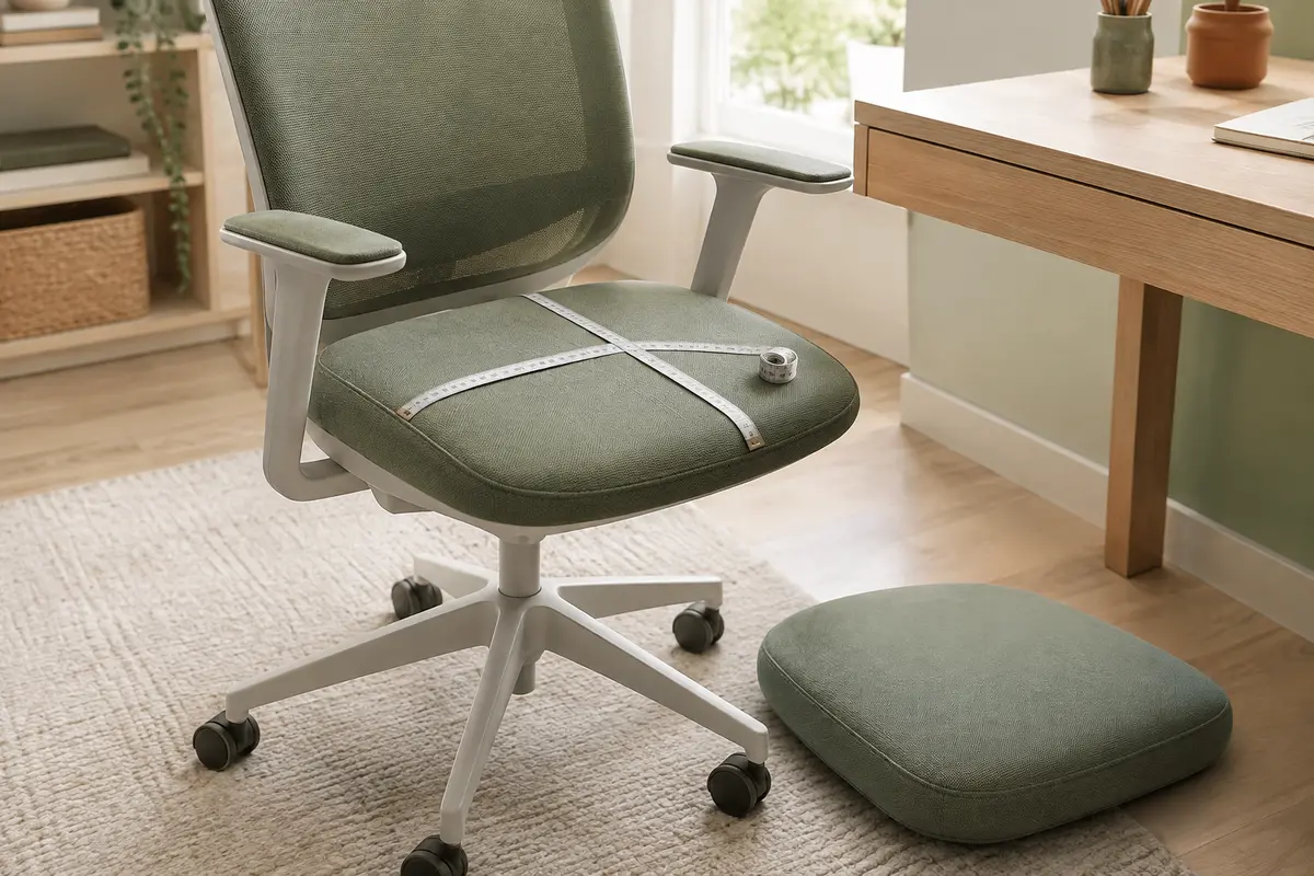 Mètre ruban posé sur une assise de bureau à côté d’un coussin pour comparer leurs dimensions