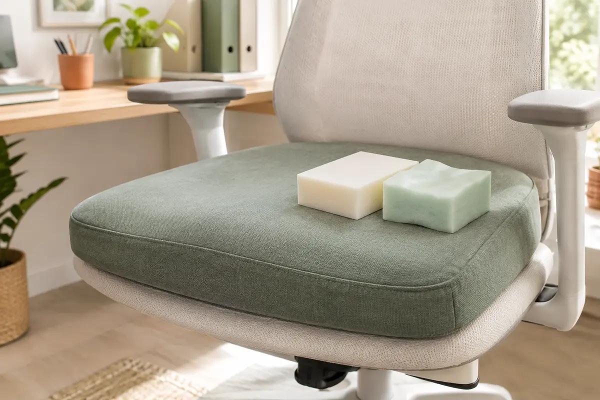 Coussin de bureau accompagné de deux échantillons de mousse aux sensations différentes