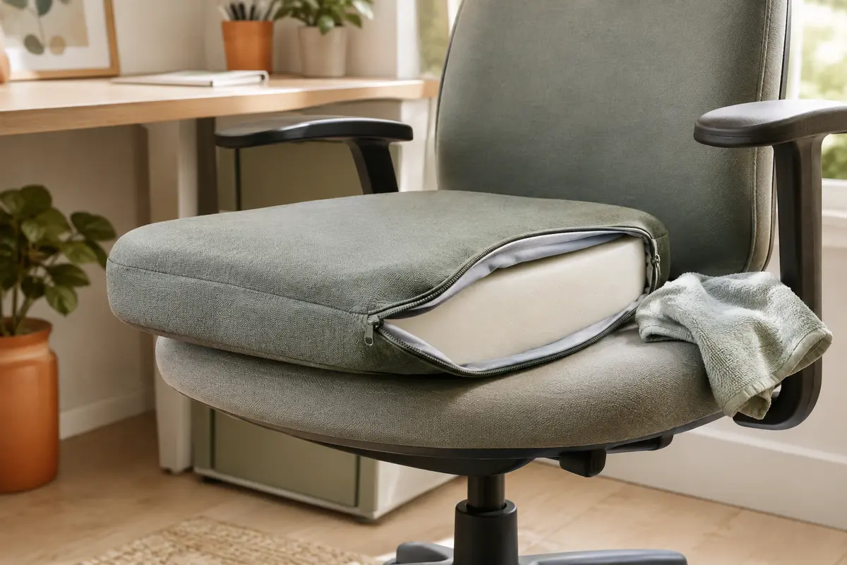 Coussin d’assise de bureau avec housse entrouverte et chiffon pour illustrer son entretien