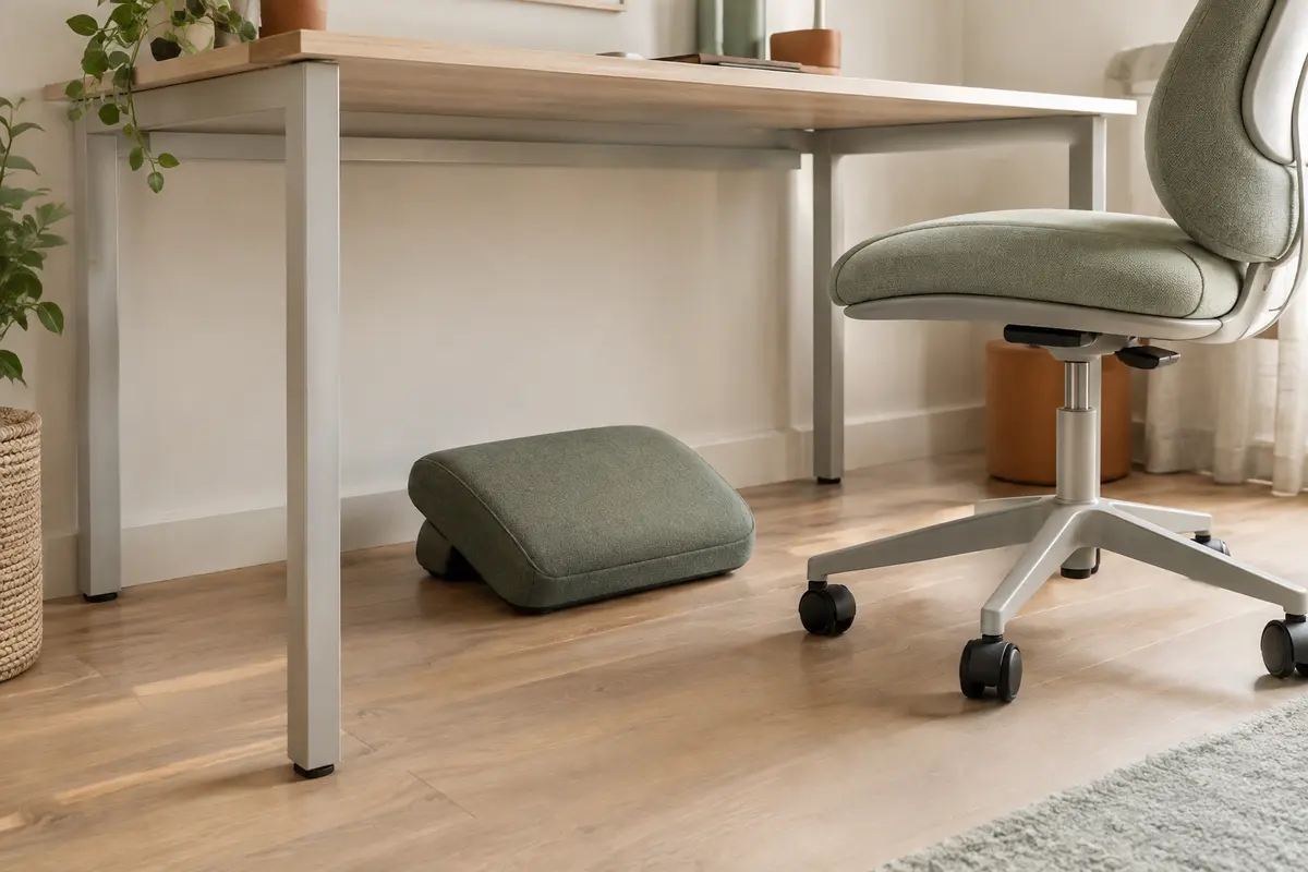 Repose-pieds rembourré installé sous un bureau, à distance du piètement et des roulettes de la chaise.