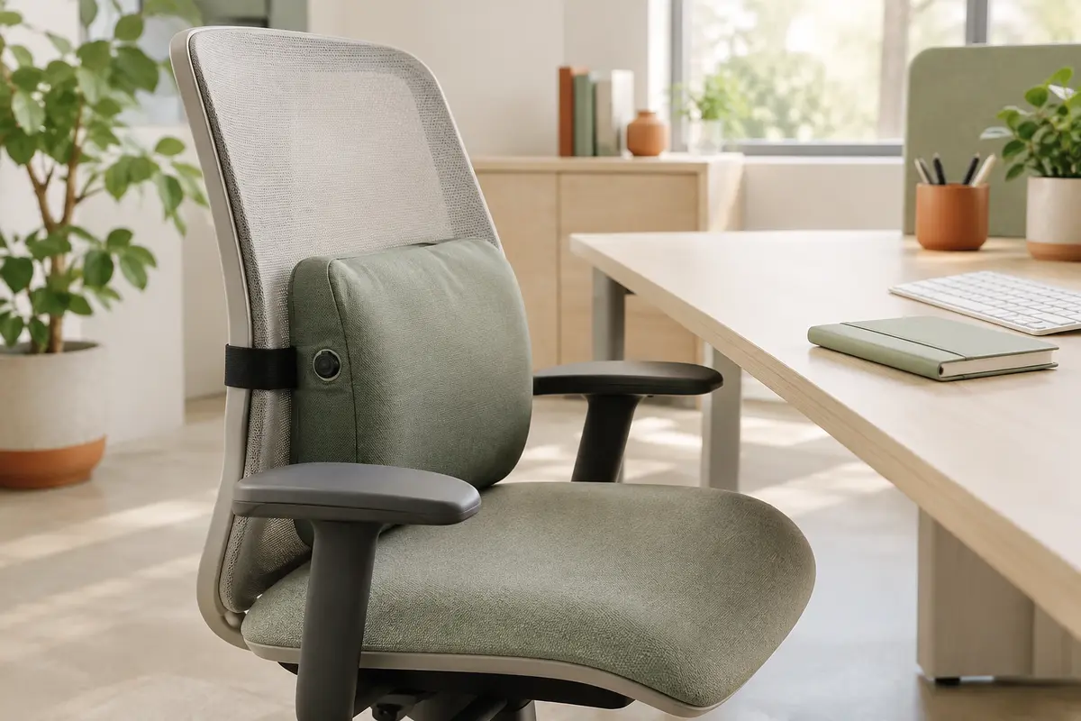 Coussin lombaire gonflable fixé au dossier d’une chaise de bureau dans un poste partagé