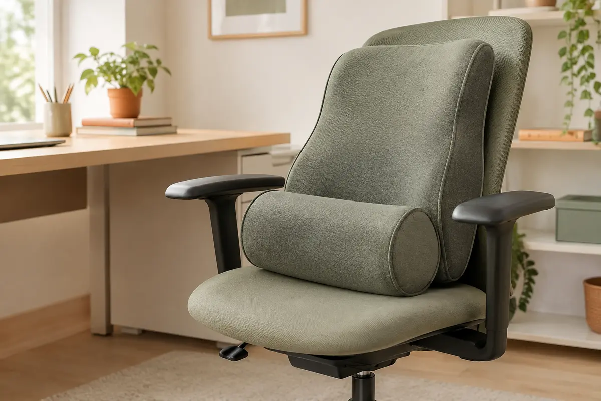 Rouleau lombaire et coussin de dossier présentés sur une chaise de bureau pour comparer leur forme.