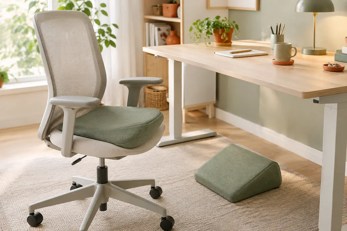 Chaise de bureau équipée d’un coussin en coin, devant un bureau laissant un espace dégagé sous le plateau