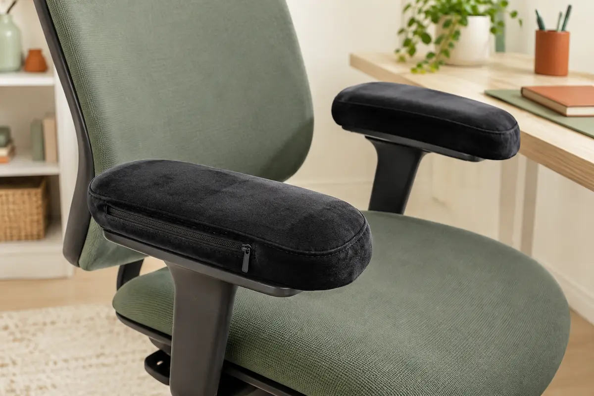 Deux coussinets noirs en mousse à mémoire de forme installés sur les accoudoirs d’une chaise de bureau.