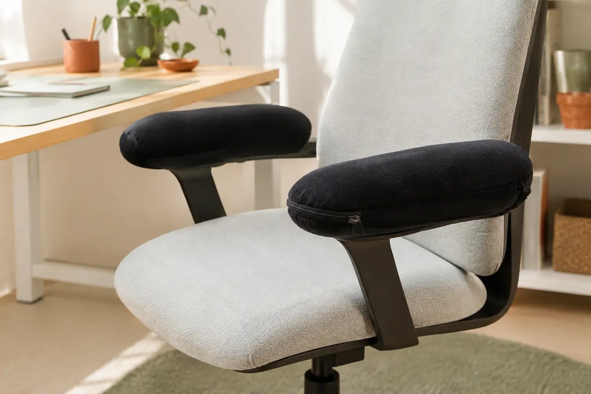 Deux coussinets noirs en mousse à mémoire habillent les accoudoirs d’une chaise de bureau.