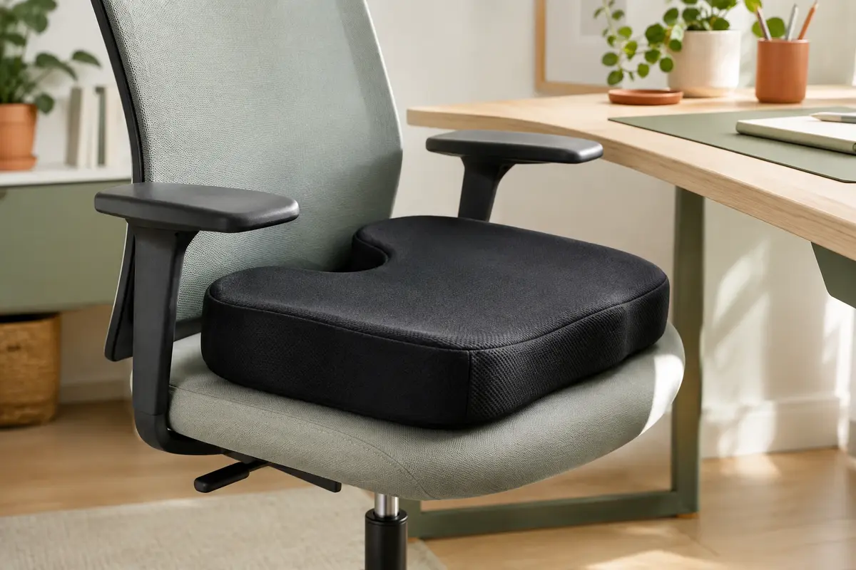 Coussin d’assise noir en mousse à mémoire de forme posé sur une chaise de bureau claire