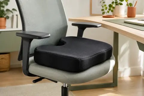 Coussin d’assise noir en mousse à mémoire de forme posé sur une chaise de bureau claire
