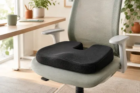 Coussin d’assise noir Auvon à découpe en U posé sur une chaise de bureau claire