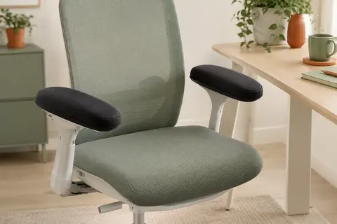 Deux coussinets noirs rembourrés installés sur les accoudoirs d’une chaise de bureau claire