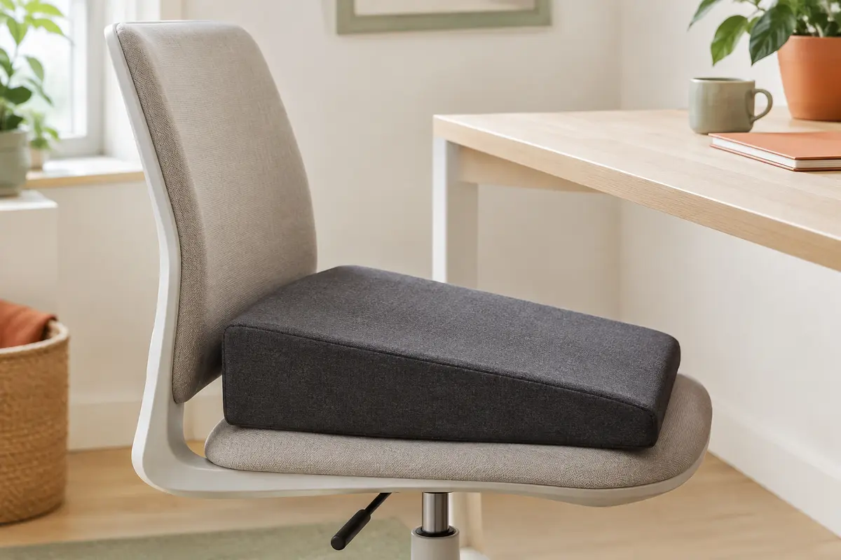 Coussin d’assise incliné anthracite posé sur une chaise de bureau, avec sa housse textile et son profil en pente.