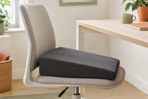 Coussin d’assise incliné anthracite posé sur une chaise de bureau, avec sa housse textile et son profil en pente.