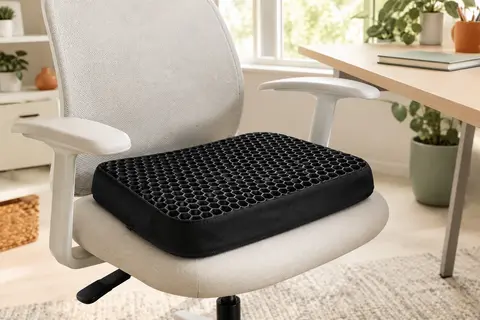 Coussin d’assise noir en gel alvéolaire posé sur une chaise de bureau claire