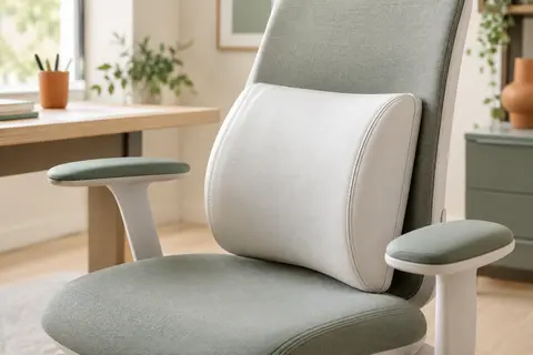 Coussin lombaire blanc en cuir nappa posé contre le dossier d’une chaise de bureau