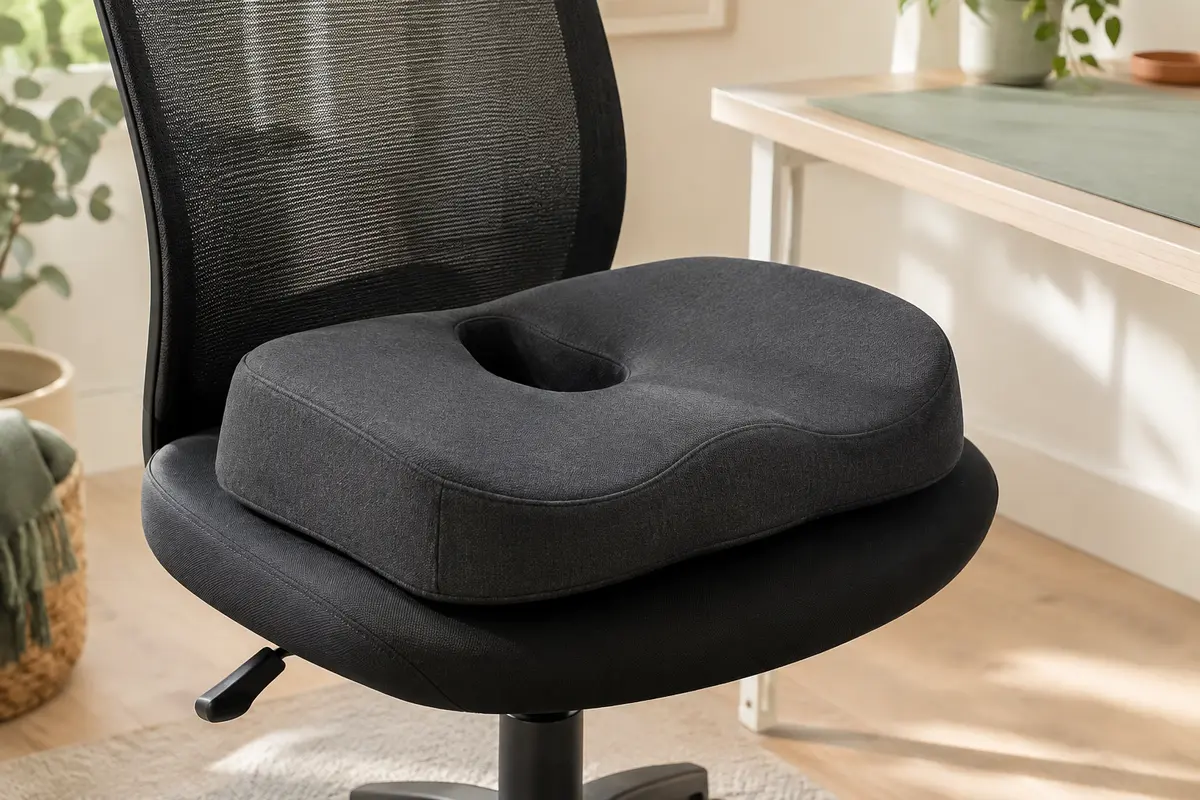 Coussin d’assise gris foncé à découpe centrale posé sur une chaise de bureau sobre