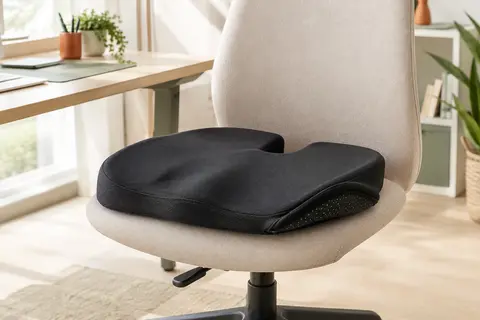 Coussin noir en mousse à mémoire de forme avec découpe centrale posé sur une chaise de bureau
