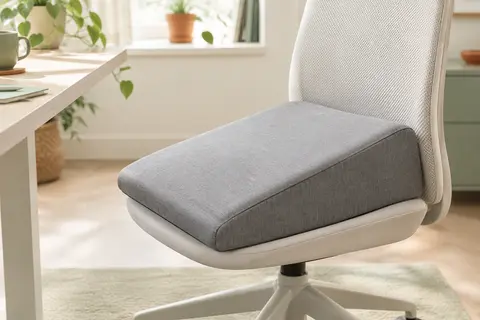Coussin d’assise gris en forme de coin posé sur une chaise de bureau dans un espace lumineux