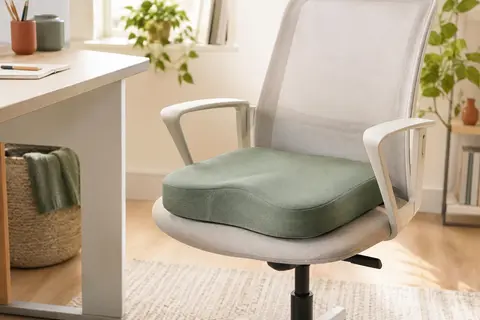 Coussin d’assise Feagar en mousse à mémoire de forme posé sur une chaise de bureau, avec housse en maille.