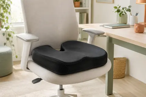 Coussin d’assise noir Feagar à découpe arrière en U posé sur une chaise de bureau