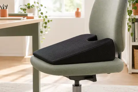 Coussin d’assise Feagar noir en coin posé sur une chaise de bureau, avec housse mesh 3D et découpe en U