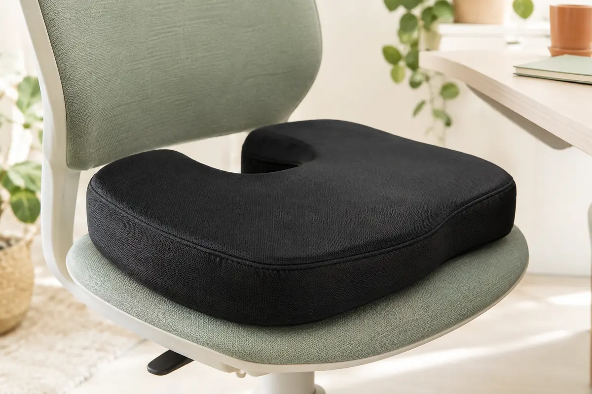 Coussin d’assise noir à découpe en U posé sur une chaise de bureau dans un poste de travail lumineux.