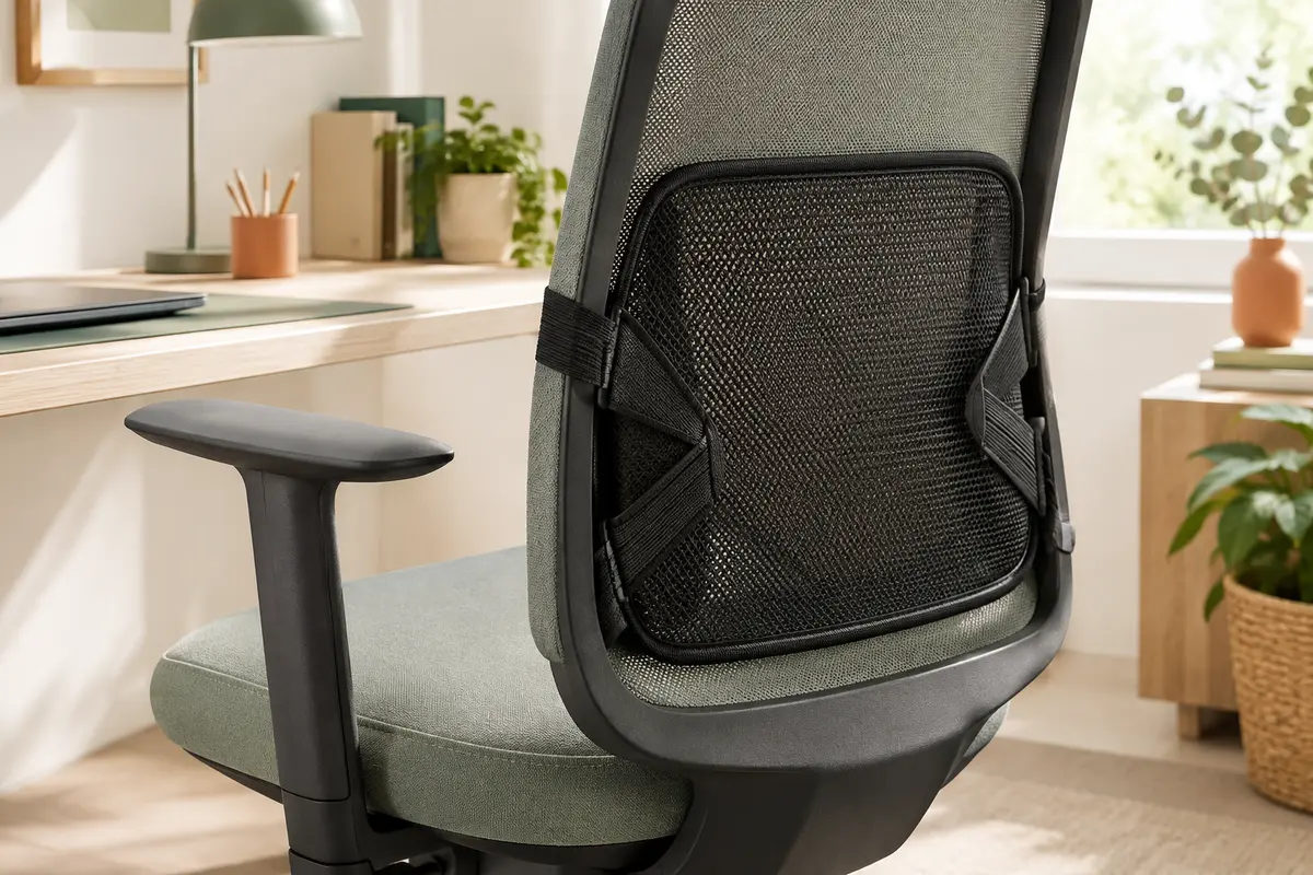 Support dorsal Fellowes en maille noire fixé au dossier d’une chaise de bureau claire