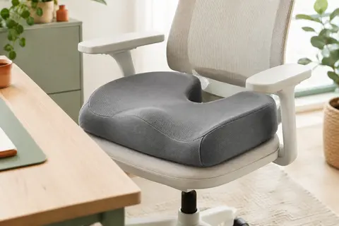 Coussin d’assise ergonomique gris à mémoire de forme posé sur une chaise de bureau sobre