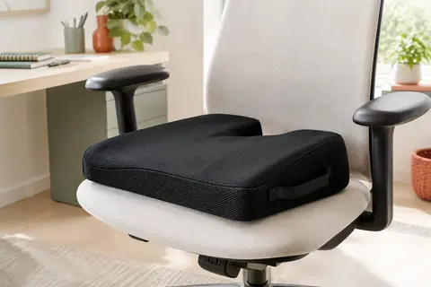 Coussin cunéiforme noir à mémoire de forme posé sur une chaise de bureau aménagée