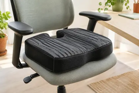 Coussin d’assise noir et gris à découpe coccyx posé sur une chaise de bureau sobre.