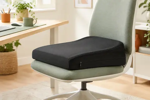 Coussin d’assise noir en mémoire de forme posé sur une chaise de bureau, avec sa forme rehaussée visible.