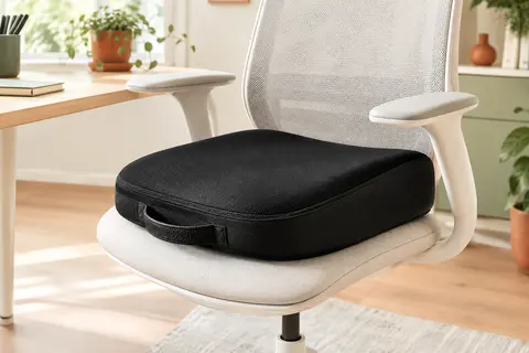 Coussin d’assise noir à mémoire de forme posé sur une chaise de bureau dans un espace lumineux