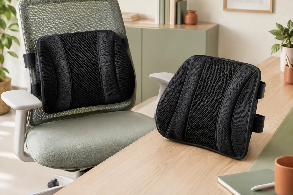 Deux soutiens lombaires noirs en maille, dont l’un fixé au dossier d’une chaise de bureau.