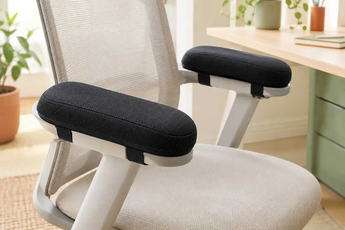 Deux coussinets noirs en maille installés sur les accoudoirs d’une chaise de bureau sobre.