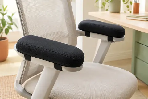 Deux coussinets noirs en maille installés sur les accoudoirs d’une chaise de bureau sobre.