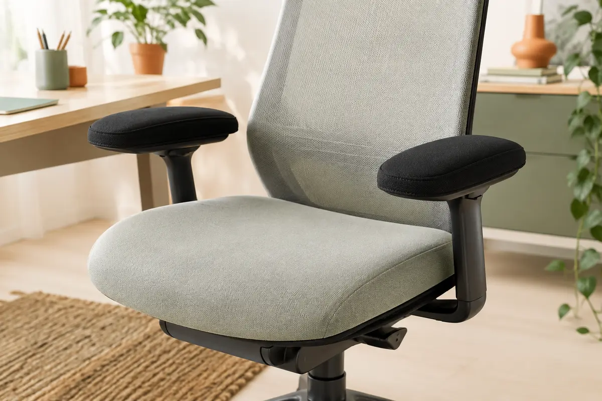 Deux coussinets noirs en tissu installés sur les accoudoirs d’une chaise de bureau claire.