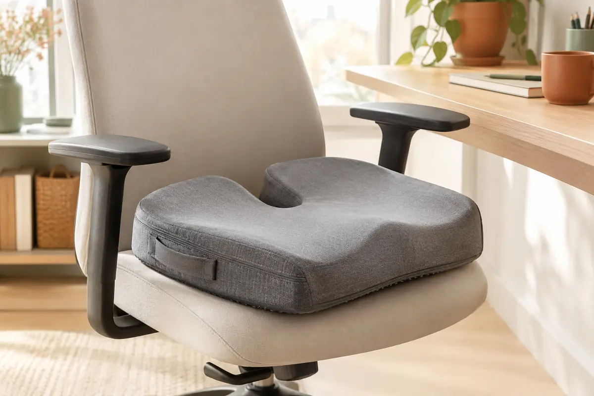 Coussin gris à découpe centrale posé sur une chaise de bureau, avec sa poignée latérale visible.